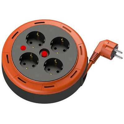 Cassette compacte rouleau câble d'extension, 5m câble avec 4 prises IP20 + fusible thermique + fusible enfant, 3x1mm2, SCHUKO type mise à la terre , PHE-05310-F