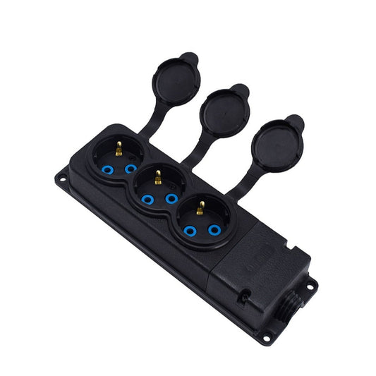 Triple prise noire "caoutchouc" avec couvercle hermétique IP44 250V, 16A, SCHUKO 2P+Z, 3KMP-F, Bylion