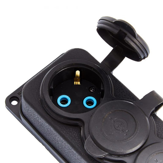 Triple prise noire "caoutchouc" avec couvercle hermétique IP44 250V, 16A, SCHUKO 2P+Z, 3KMP-F, Bylion