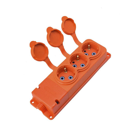 Triple prise orange "caoutchouc" avec couvercle hermétique IP44 250V, 16A, SCHUKO 2P+Z, 3KMP-F-O, Bylion