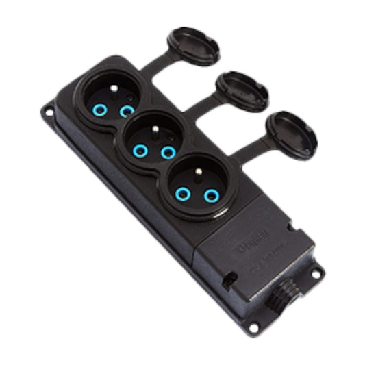 3x prise, type E français, triple prise "caoutchouc" noire avec couvercle hermétique IP44 250V, 16A, 2P+Z, 3KMP-E, Bylion