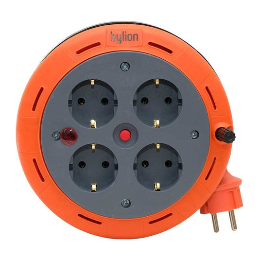 Cassette compacte rouleau câble d'extension, 5m câble avec 4 prises IP20 + fusible thermique + fusible enfant, 3x1mm2, SCHUKO type mise à la terre , PHE-05310-F