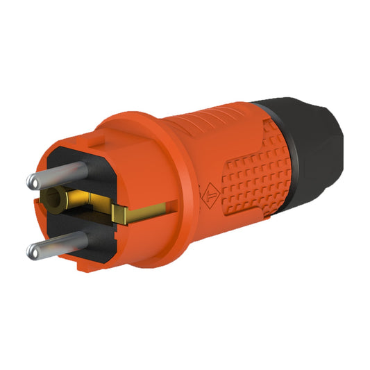 Fiche orange en caoutchouc IP54, pour câble, double masse, 2P+Z, REF-O , 16 ampères 250 volts, fabricant Bylion