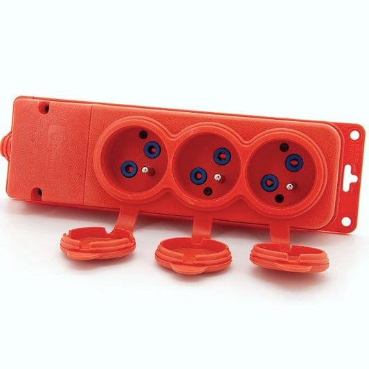 3x prise, type E français, triple prise orange "caoutchouc" avec couvercle hermétique IP44 250V, 16A, 2P+Z, 3KMP-E-O, Bylion