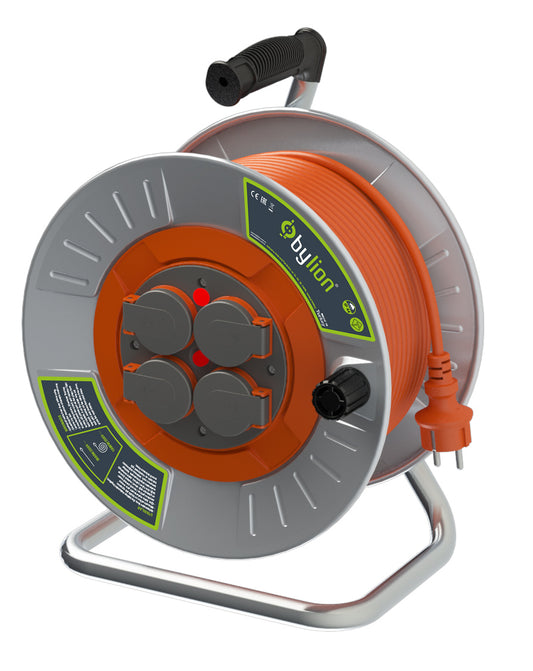 Enrouleur métallique professionnel avec câble en cuivre 3x2,5 mm2, IP44 avec protection contre les surcharges, courant 16 A Type Schuko avec 4 prises, longueur 50M, couleur du câble : orange
