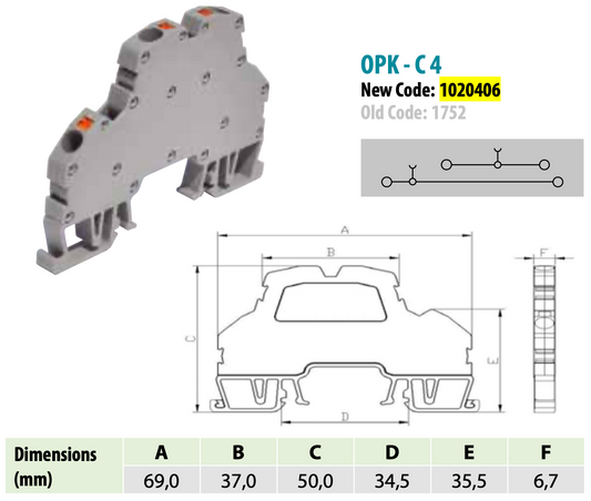 ONKA 4mm2, 2 étages connecteur pour rail à ressort bornier rail DIN terminal 4-fils gris, 1020406
