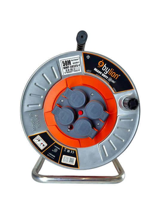 Treuil métallique professionnel avec câble en cuivre 3x2,5 mm2, IP44 avec protection contre les surcharges, courant 16 A type français avec 4 prises, longueur 50M, couleur du câble : orange