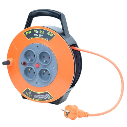 Enrouleur de câble compact rétractable, 10m de câble avec 4 prises IP20 + fusible thermique